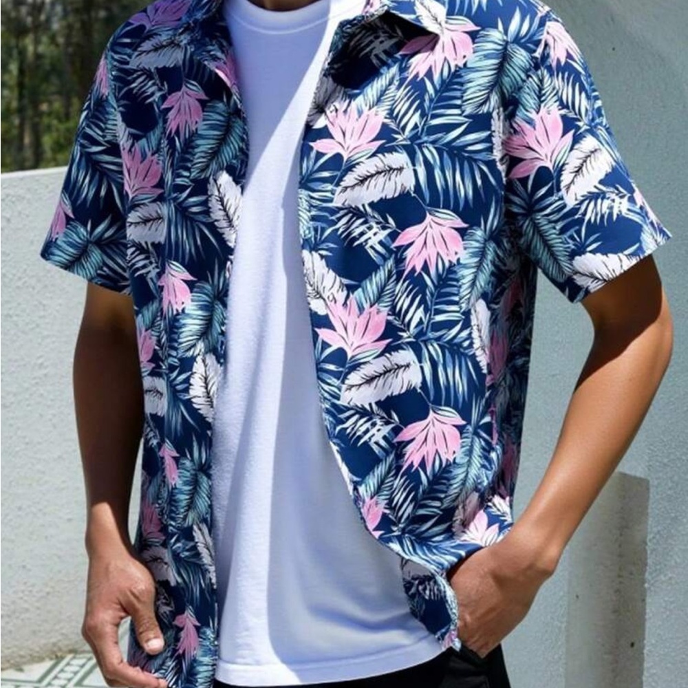 Sz 11/12Y Shein Teen boys Tropical Blue and Pink Shirt button down with pocket